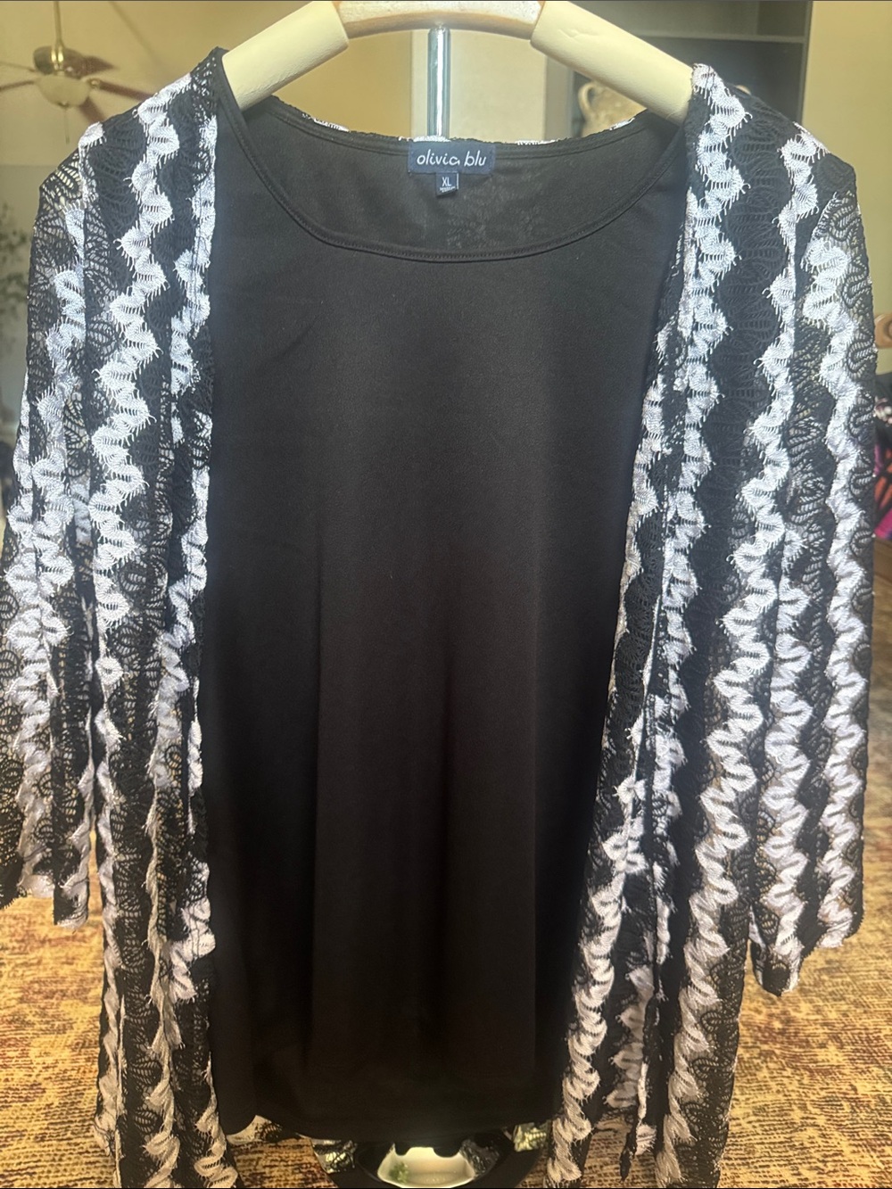 Olivia Blu Black Knit Top with Black & White Lace Cardigan